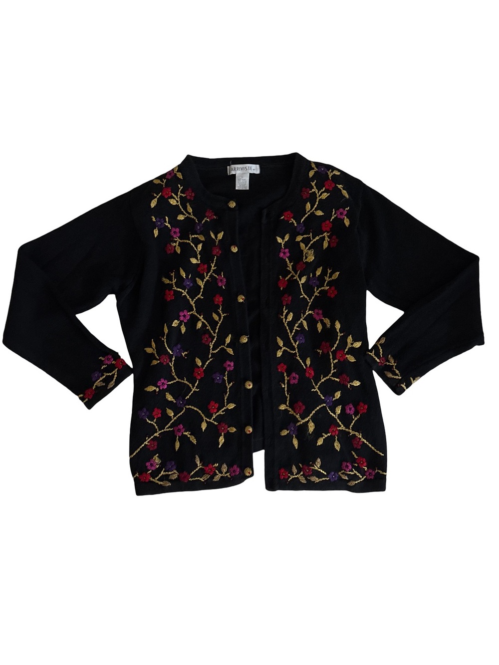 Embroidered Floral Black Cardigan Sweater